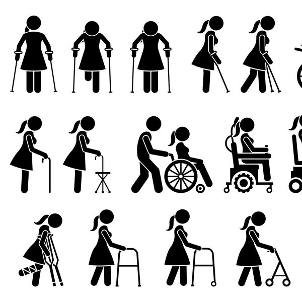 Mobility Aids Aid Disabled Differently Abled Medical Tools Equipment Crutches, Electric Wheelchair Cane Power Scooter Walker Icon SVG Vector