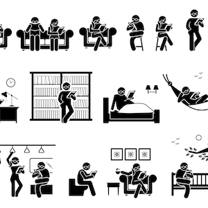Read Reading Book Novel Studying Library Park Bus Train Bed Bench Couch Sofa Hammock Cafe Stick Figure Instant Download Icons PNG SVG Vector