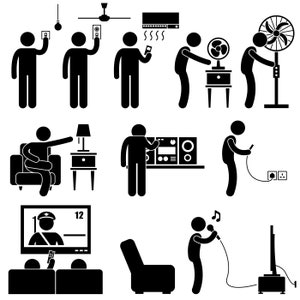 May include: Black and white stick figure illustrations showing different ways to control home appliances, including turning on lights, fans, air conditioning, and a television.  The illustrations also show people using a stereo system, a lamp, and a phone.