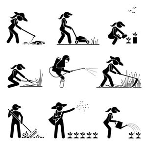 May include: Black and white stick figure illustrations of people gardening. The illustrations show people weeding, mowing, planting, watering, and using a rake.