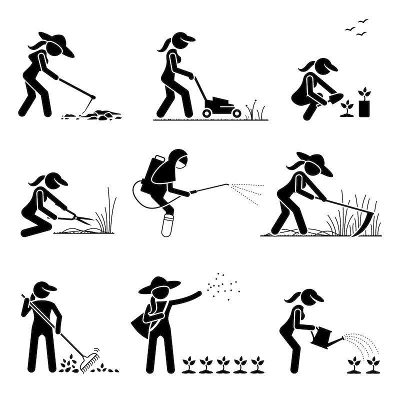 May include: Black and white stick figure illustrations of people gardening. The illustrations show people weeding, mowing, planting, watering, and using a rake.