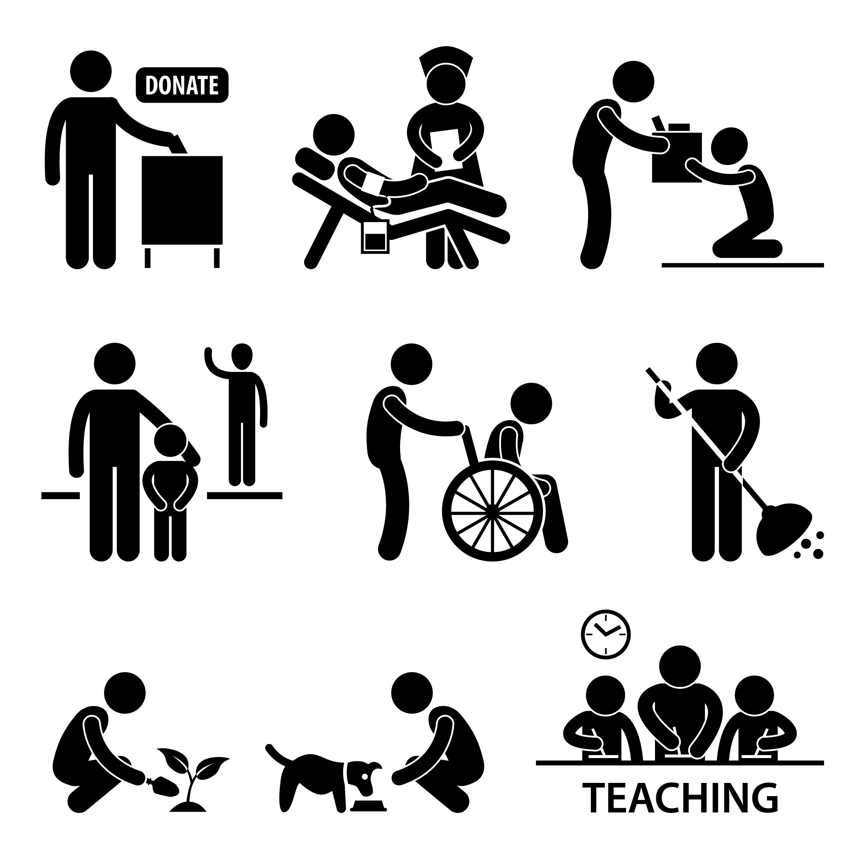 Donation And Volunteer Work Icons. Symbols Or Logo Of Human Care, Assistance For Health, Help And Hope Sign, Medical Charity And Blood Giving. Flat Design Elements In Red Color. Royalty Free SVG