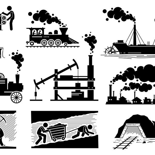 Moderne Geschichte Industrial Age Revolution Technik Dampfmaschine Kohle Bergbau Power Loom Maschine Radio Fabrik Rauch schiff SVG PNG EPS Vektor