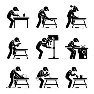 Op de afbeelding: Negen zwart-witte stick figure illustraties van mensen die werken met verschillende houtbewerkingsgereedschappen en -apparatuur. De illustraties tonen mensen die een zaag, een boormachine, een tafelzaag, een schuurmachine en andere gereedschappen gebruiken.