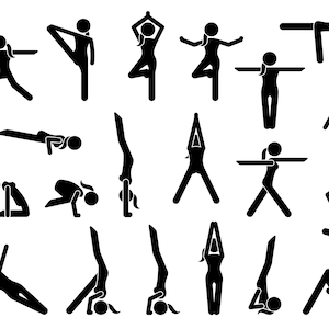 May include: A set of 30 black and white stick figure illustrations depicting different yoga poses.