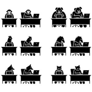 May include: Black and white illustration of various animals working on laptops at desks. The animals include a monkey, pig, rooster, horse, fox, and cat.