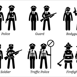 Public Safety Jobs Occupations Women Woman Girl Female Character Police Guard Bodyguard Soldier Army Firefighter Download PNG SVG Vector