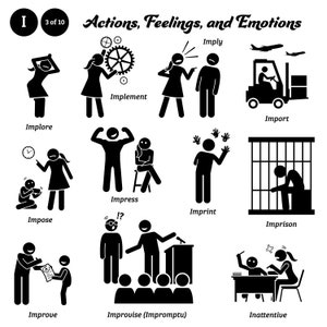 Op de afbeelding: Zwart-witte stick figure illustraties die verschillende acties, gevoelens en emoties uitbeelden. De woorden "Implementeren", "Smeken", "Impliceren", "Importeren", "Indruk maken", "Afdrukken", "Opleggen", "Gevangenis", "Verbeteren", "Improviseren (Impromptu)" en "Onachtzaam" zijn onder elke illustratie gelabeld.