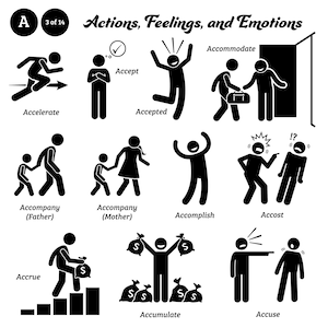 Puede incluir: Ilustración en blanco y negro que representa diversas acciones, sentimientos y emociones. La imagen incluye figuras de palo que representan conceptos como "Acelerar", "Aceptar", "Acomodar", "Acompañar", "Lograr", "Acosar", "Acumular", "Acumular" y "Acusar".