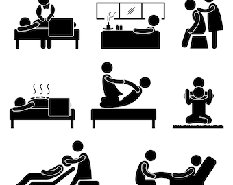 以下が含まれることがあります： マッサージ療法のさまざまな種類を描いた、黒と白の棒人間イラスト9点セット。イラストは、背中マッサージ、フットマッサージ、ストレッチなど、さまざまなマッサージテクニックを示しています。