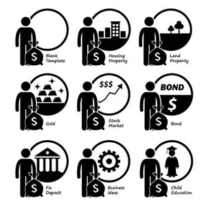 May include: Black and white illustration of a person holding a bag of money with different investment options in circles around them. The options include: blank template, housing property, land property, gold, stock market, bond, fix deposit, business ideas, and child education.