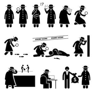 Detective Spy Private Investigator Secret Agent Infiltrated Crime Scene Eavesdrop Footprint Tracks Magnifying Glass Download PNG SVG Vector