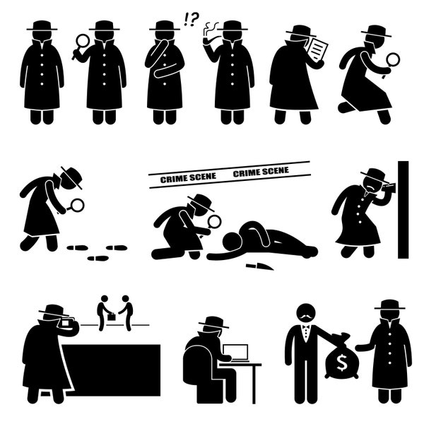 Detective Spy Private Investigator Secret Agent Infiltrated Crime Scene Eavesdrop Footprint Tracks Magnifying Glass Download PNG SVG Vector