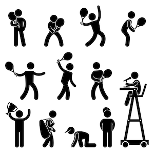 Peut inclure: Illustrations en noir et blanc de personnages en bâtonnets jouant au tennis, un arbitre et une personne tenant un trophée.