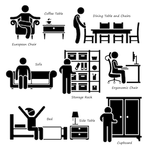 May include: Black and white stick figure illustrations of different types of furniture, including a European chair, sofa, coffee table, dining table and chairs, ergonomic chair, storage rack, bed, side table, and cupboard.