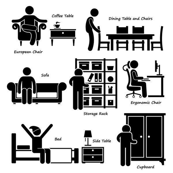 Home House Furniture Armchair Coffee Table Dining Table Chairs Sofa Storage Rack Ergonomic Chair Bed Side Table Cupboard Icon PNG SVG Vector