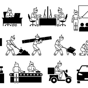 May include: Black and white line art illustration of robots performing various tasks, including working at a computer, carrying a plank of wood, driving a scooter, and planting a tree.