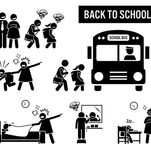 Puede incluir: Ilustraciones en blanco y negro de figuras de palo que representan los desafíos de volver a la escuela. Las ilustraciones incluyen a un niño que es arrastrado a la escuela por su padre, un niño que lucha por despertarse, un niño que es acosado y un niño que duerme en clase. El texto "BACK TO SCHOOL" está en la parte superior de la imagen. Un autobús escolar está en el centro de la imagen.