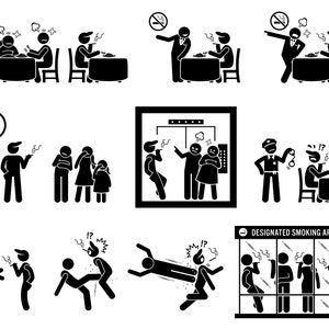 May include: Black and white stick figure illustrations depicting various scenarios where people are smoking in inappropriate places, such as restaurants, elevators, bus stops, and near children. The illustrations also show people being reprimanded for smoking in these areas.