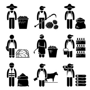 Puede incluir: Ilustraciones en blanco y negro de figuras de palo de agricultores realizando diversas tareas. Las ilustraciones representan a agricultores cosechando cultivos, recolectando productos y cuidando el ganado.