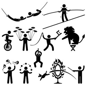 Circus Performers Performance Show Risk Tightrope Juggler Dangerous Acrobat Acrobatic Stunt Act Man Animal Lion Tamer Icons PNG SVG Vector