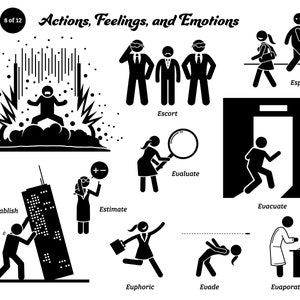 May include: Black and white illustrations depicting various actions and emotions. The image includes words like "Erupt", "Escort", "Evaluate", "Establish", "Estimate", "Evacuate", "Espy", "Euphoric", "Evade", and "Evaporate".