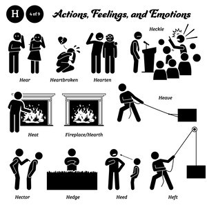 May include: Black and white stick figure illustrations depicting actions, feelings, and emotions related to the letter H.  Words include Hear, Heartbroken, Hearten, Heat, Fireplace/Hearth, Heckle, Heave, Hector, Hedge, Heed, and Heft.