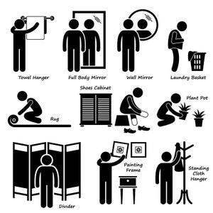 Pode incluir: Ilustrações em preto e branco de figuras de pau que representam vários artigos de decoração de casa, incluindo um porta-toalhas, um espelho de corpo inteiro, um espelho de parede, uma cesta de roupa suja, um tapete, um armário de sapatos, um vaso de planta, um divisor de ambiente, uma moldura de pintura e um cabide.