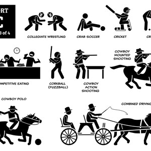 Collegiate Wrestling Cricket Croquet kompetitiv essen Korkball Cowboy Action Shooting montiert Polo kombiniert Fahren Sport Spiel SVG PNG EPS