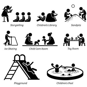 Children Kids Storytelling Library Playing Sandpits Ice Skating Child Care Toy Room Playground Small Water Pool Download Icon PNG SVG Vector