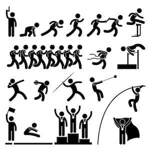 May include: Black and white stick figure illustrations of various athletic events, including running, jumping, throwing, and relay races. The illustrations depict athletes competing in track and field events.
