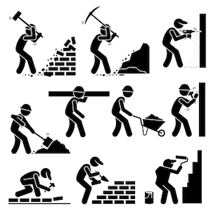 Puede incluir: Ilustraciones en blanco y negro de trabajadores de la construcción en figuras de palo realizando diversas tareas, incluyendo el uso de un martillo, un pico, una pala, una carretilla y un taladro.