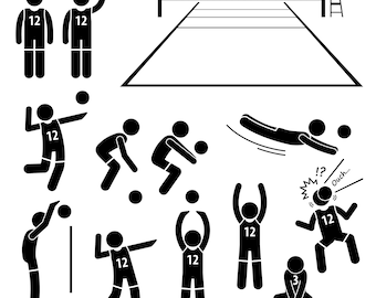 May include: Black and white stick figure illustrations of volleyball players in various poses, including serving, spiking, blocking, diving, and setting. The illustrations include a volleyball net and a volleyball.