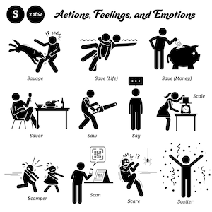 Peut inclure: Illustrations en noir et blanc de diverses actions, sentiments et émotions, telles que sauver une vie, économiser de l'argent, savourer, scier, dire, se précipiter, scanner, effrayer et disperser. Chaque illustration représente un personnage en bâton effectuant l'action.