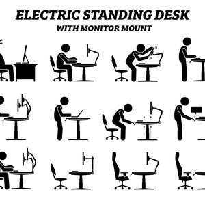 May include: A black and white illustration depicting a person using an electric standing desk with a monitor mount. The desk can be adjusted to different heights, enabling the user to work while seated or standing. The illustration shows the person in various positions, including sitting, standing, and adjusting the desk height.