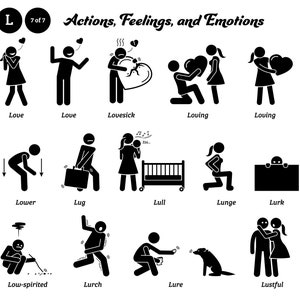 Puede incluir: Ilustraciones en blanco y negro de figuras de palo que representan acciones, sentimientos y emociones relacionadas con la letra L. Las palabras "Amor", "Enamorado", "Cariñoso", "Bajar", "Arrastrar", "Arrullar", "Lanzarse", "Acechar", "Desanimado", "Tambalearse", "Engañar" y "Lujurioso" están etiquetadas debajo de cada ilustración.