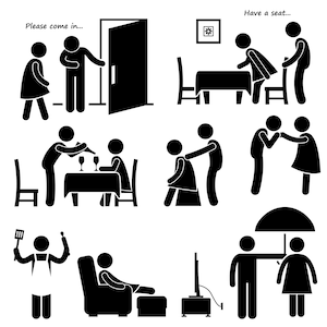 May include: Black and white stick figure illustrations depicting various social situations, such as welcoming someone in, offering a seat, serving food, helping someone walk, and holding an umbrella.