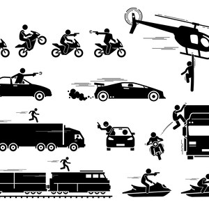 May include: Black and white stick figure illustrations of people driving, riding, and flying various vehicles.  The vehicles include a motorcycle, car, truck, train, helicopter, jet ski, and a speedboat.