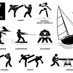 Könnte beinhalten: Schwarz-weiße Illustrationen verschiedener Sportarten, darunter Sandboarden, Sand-Surfen, Schwingen, Segeln, Sanshou, Savate und Sägen. Der Text "SPORT S PART 1 of 9" befindet sich oben im Bild.