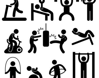 May include: Black and white stick figure illustrations of people exercising. The illustrations show people using a treadmill, stationary bike, punching bag, weight bench, pull-up bar, jump rope, and a hula hoop.
