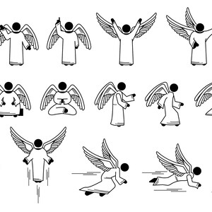 May include: A series of black and white line drawings of angels in different poses. Each angel has wings and a robe. Some are pointing, others have their arms raised. The style is simple and graphic, ideal for digital art or design projects.