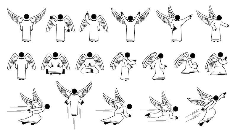 May include: A series of black and white line drawings of angels in different poses. Each angel has wings and a robe. Some are pointing, others have their arms raised. The style is simple and graphic, ideal for digital art or design projects.