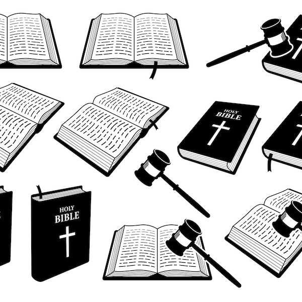 Christian Holy Bible Book Judgement Judge Gavel Open Close Showing Cover Hammer Old Vintage Law Scripture Read Jury Cross SVG PNG EPS Vector