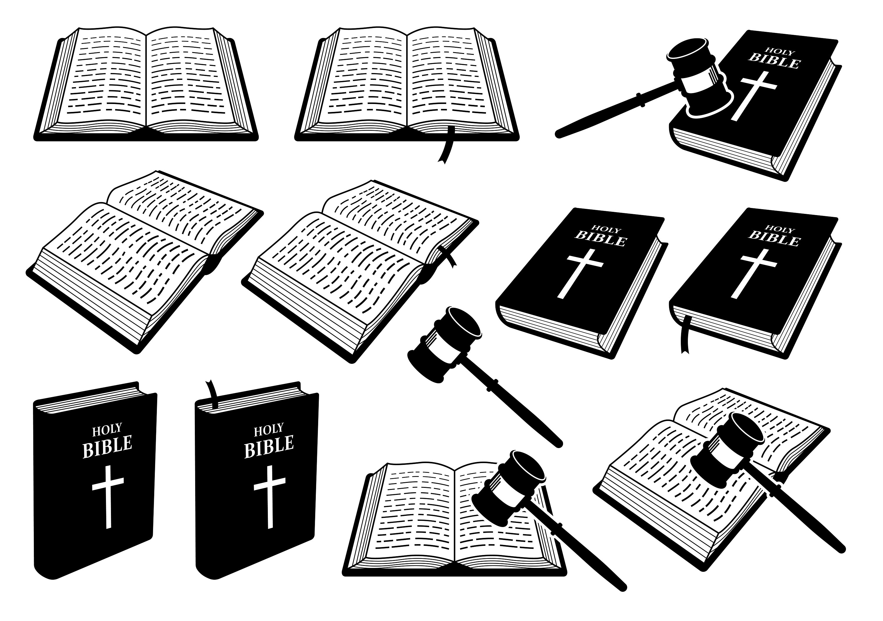 Christian Holy Bible Book Judgement Judge Gavel Open Close Showing Cover Hammer Old Vintage Law Scripture Read Jury Cross SVG PNG EPS Vector