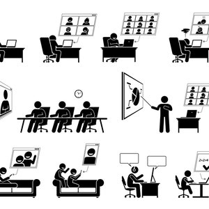 Puede incluir: Ilustraciones en blanco y negro de figuras de palo que representan diferentes formas de realizar una videoconferencia. Las ilustraciones muestran personas que usan computadoras portátiles, tabletas y una pizarra blanca para conectarse remotamente con otras personas.