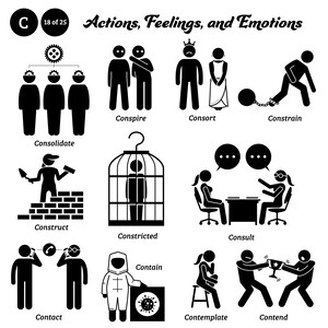 May include: Black and white stick figure illustrations depicting various actions, feelings, and emotions.  The words "Conspire", "Consort", "Constrain", "Consolidate", "Construct", "Constricted", "Contact", "Contain", "Consult", "Contemplate", and "Contend" are labeled below each illustration.