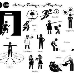 May include: Black and white stick figure illustrations depicting various actions, feelings, and emotions.  The words "Actions, Feelings, and Emotions" are written in a stylized font at the top of the image.  Each illustration is accompanied by a word describing the action, feeling, or emotion.  The words include: Exit, Expect, Expedite, Expel, Experiment, Expert, Explode, Exploit, Expand, Explain, and Experience.