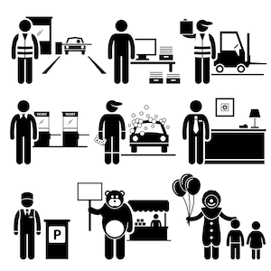 May include: Black and white stick figure illustrations of various jobs and services.  The illustrations include a toll booth attendant, a car wash attendant, a cashier, a forklift operator, a parking attendant, a clown, and a bear.
