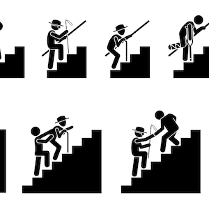 May include: Black and white stick figure illustrations showing different people navigating stairs. Some people are helping others, while others are using crutches, canes, or wheelchairs.