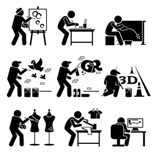 May include: A set of nine black and white illustrations depicting different types of artists. The illustrations show artists painting, drawing, sculpting, spray painting, and working on a computer.